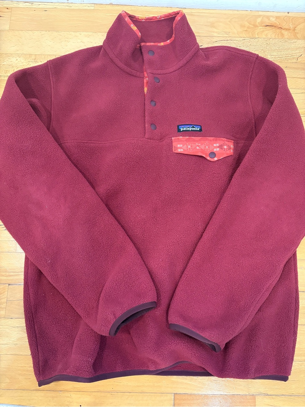 Patagonia Burgundy Synchilla Fleece with Orange Patterned Trim